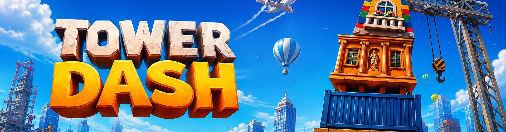 Bannière du jeu Tower Dash d'INOUT Games : tour de blocs empilés et grue de chantier au-dessus d'une ville
